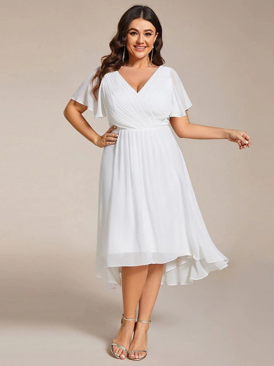 Chiffon Dress V-Neck Short Sleeve Hi-Lo Hem