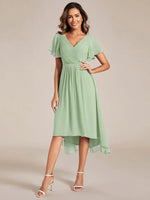 Chiffon Dress V-Neck Short Sleeve Hi-Lo Hem