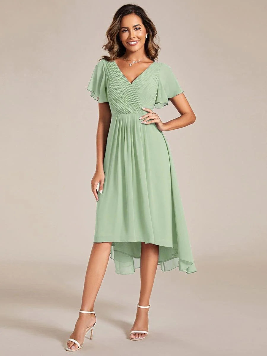 Chiffon Dress V-Neck Short Sleeve Hi-Lo Hem