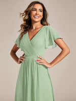 Chiffon Dress V-Neck Short Sleeve Hi-Lo Hem