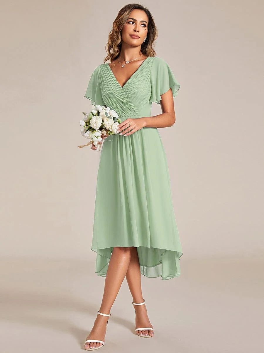 Chiffon Dress V-Neck Short Sleeve Hi-Lo Hem
