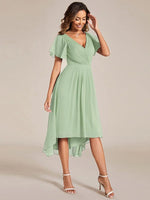 Chiffon Dress V-Neck Short Sleeve Hi-Lo Hem