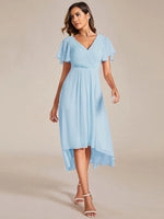 Chiffon Dress V-Neck Short Sleeve Hi-Lo Hem
