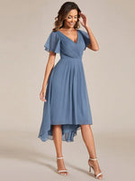 Chiffon Dress V-Neck Short Sleeve Hi-Lo Hem