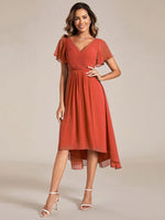Chiffon Dress V-Neck Short Sleeve Hi-Lo Hem