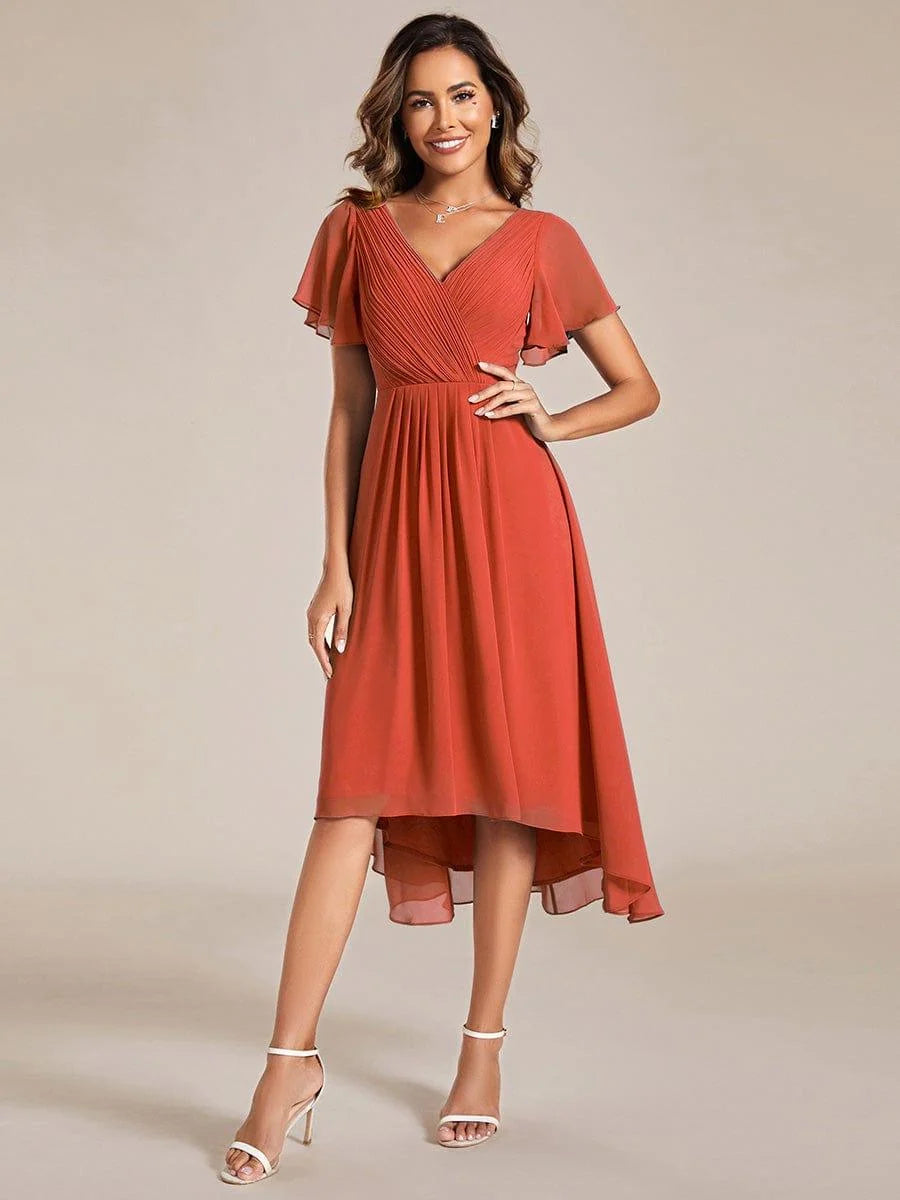 Chiffon Dress V-Neck Short Sleeve Hi-Lo Hem