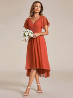 Chiffon Dress V-Neck Short Sleeve Hi-Lo Hem