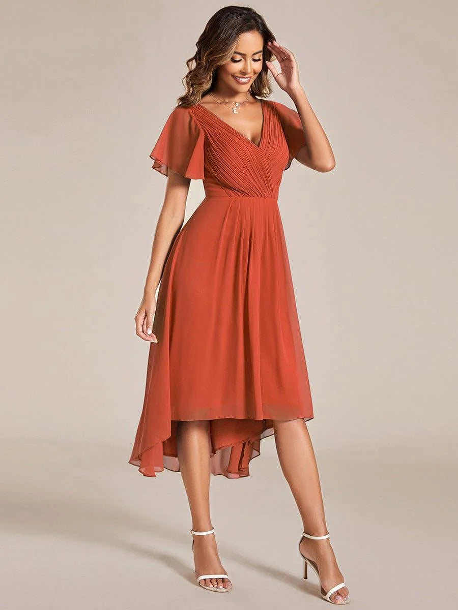 Chiffon Dress V-Neck Short Sleeve Hi-Lo Hem