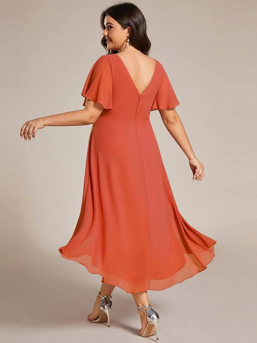Chiffon Dress V-Neck Short Sleeve Hi-Lo Hem