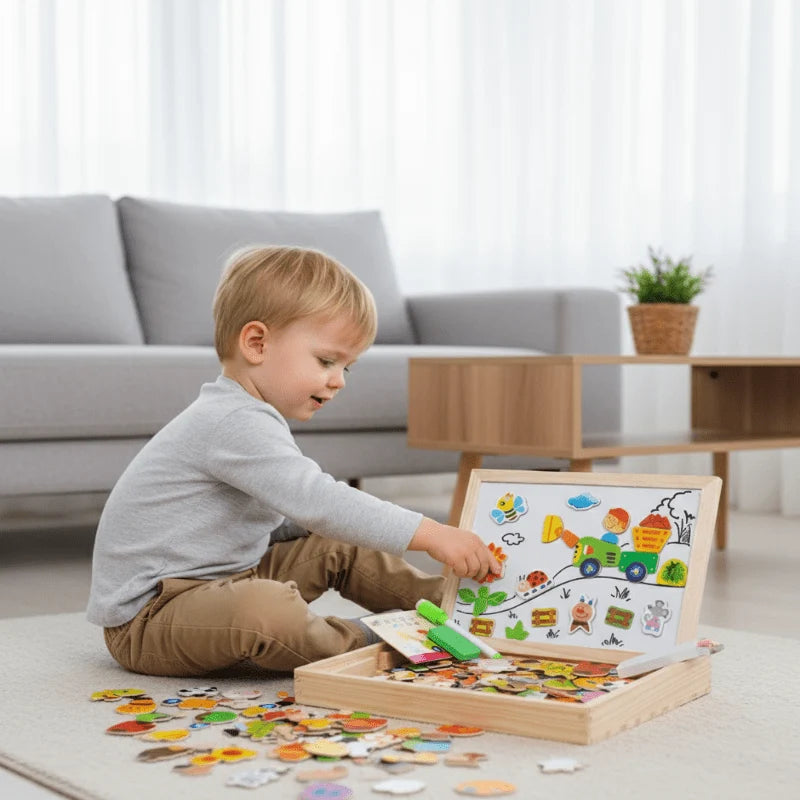 Children’s Drawing Board Magnetic Whiteboard & Chalkboard Beechwood Frame