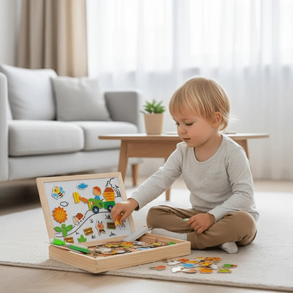 Children’s Drawing Board Magnetic Whiteboard & Chalkboard Beechwood Frame