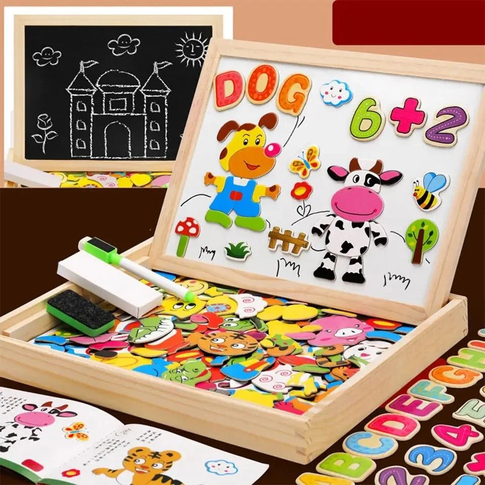 Children’s Drawing Board Magnetic Whiteboard & Chalkboard Beechwood Frame