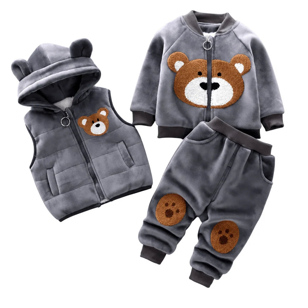 Children’s Fleece Outfit Set Bear Print 3-Piece Warm Outfit