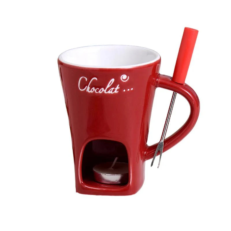Chocolate Fondue Mug Ceramic Candle-Heated Base Stainless Steel Fork