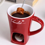 Chocolate Fondue Mug Ceramic Candle-Heated Base Stainless Steel Fork