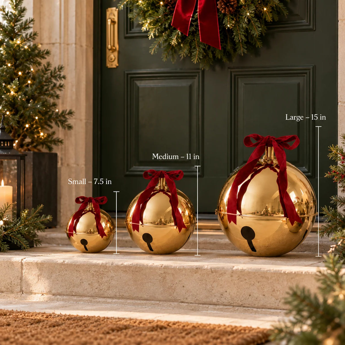 Christmas Bell Set of 3 Gold Metal Red Velvet Bows