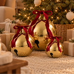 Christmas Bell Set of 3 Gold Metal Red Velvet Bows