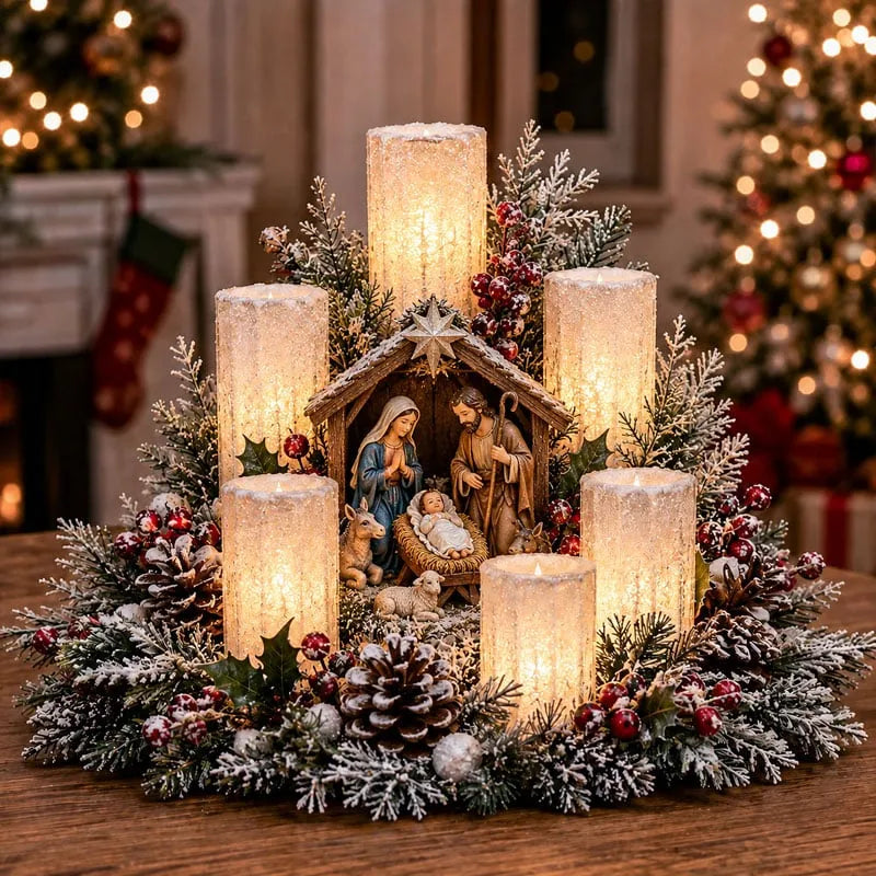 Christmas Centerpiece Flameless Candle Lights Evergreen Decor