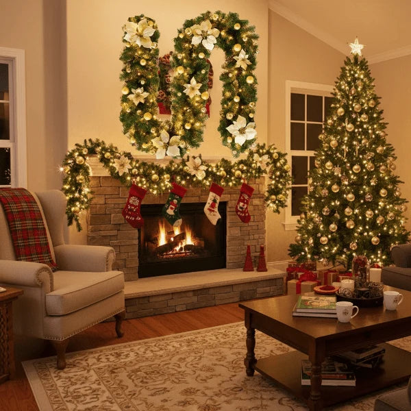 Christmas Garland Rattan Design Warm White LED Battery-Powered 8.9 Ft