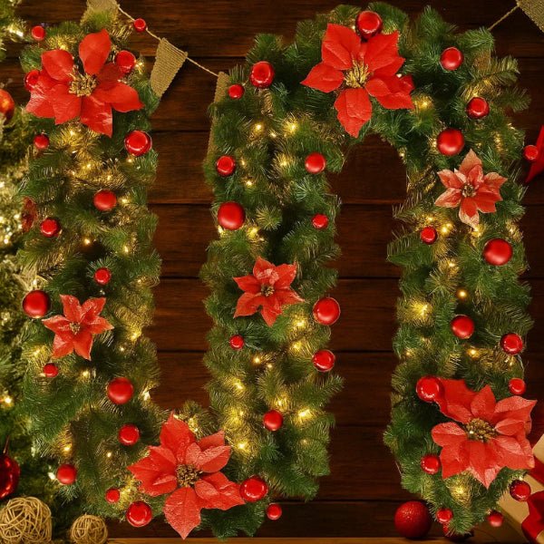 Christmas Garland Rattan Design Warm White LED Battery-Powered 8.9 Ft