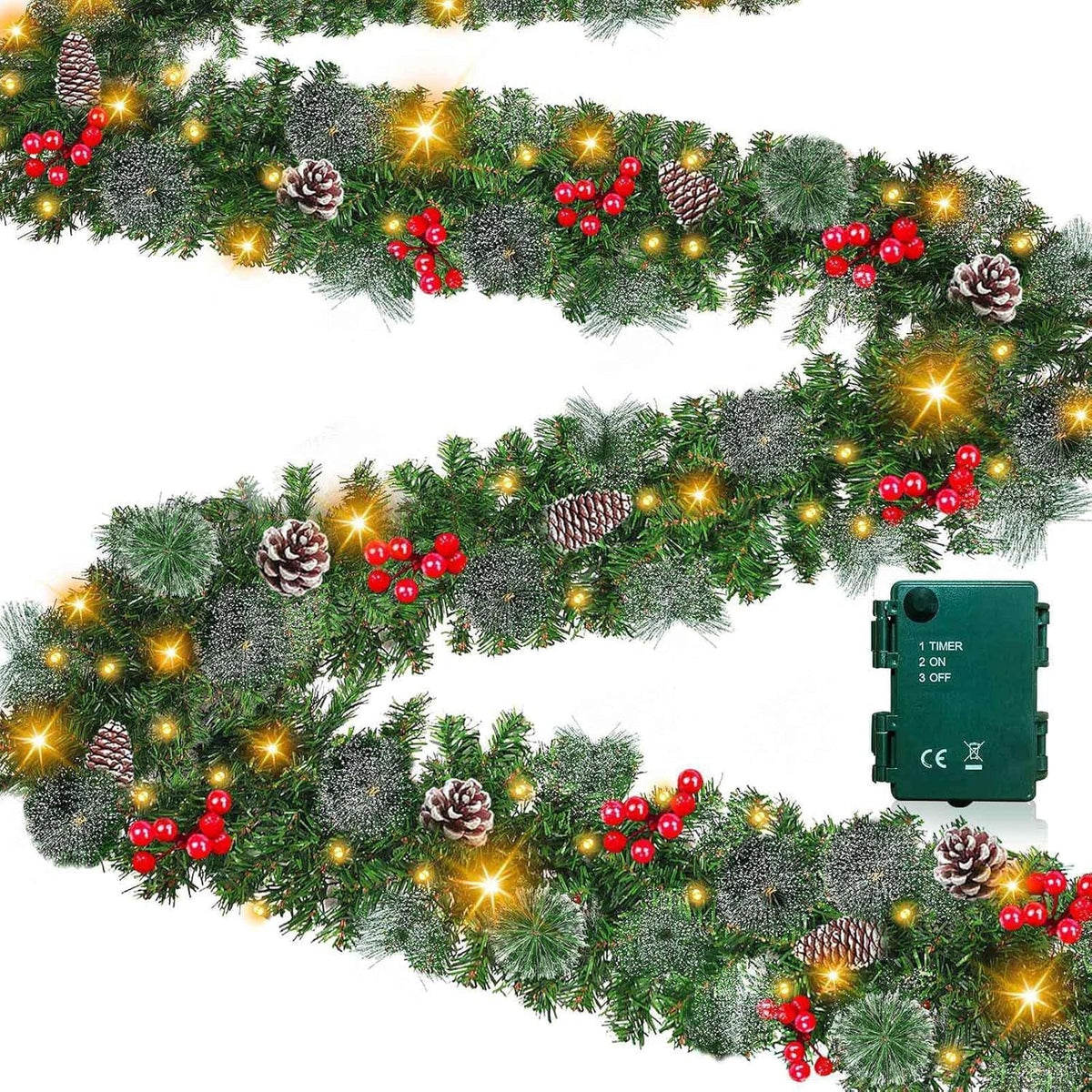Christmas Garland Warm LED Pinecones & Berries Timer
