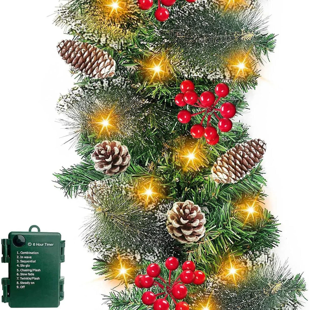 Christmas Garland Warm LED Pinecones & Berries Timer