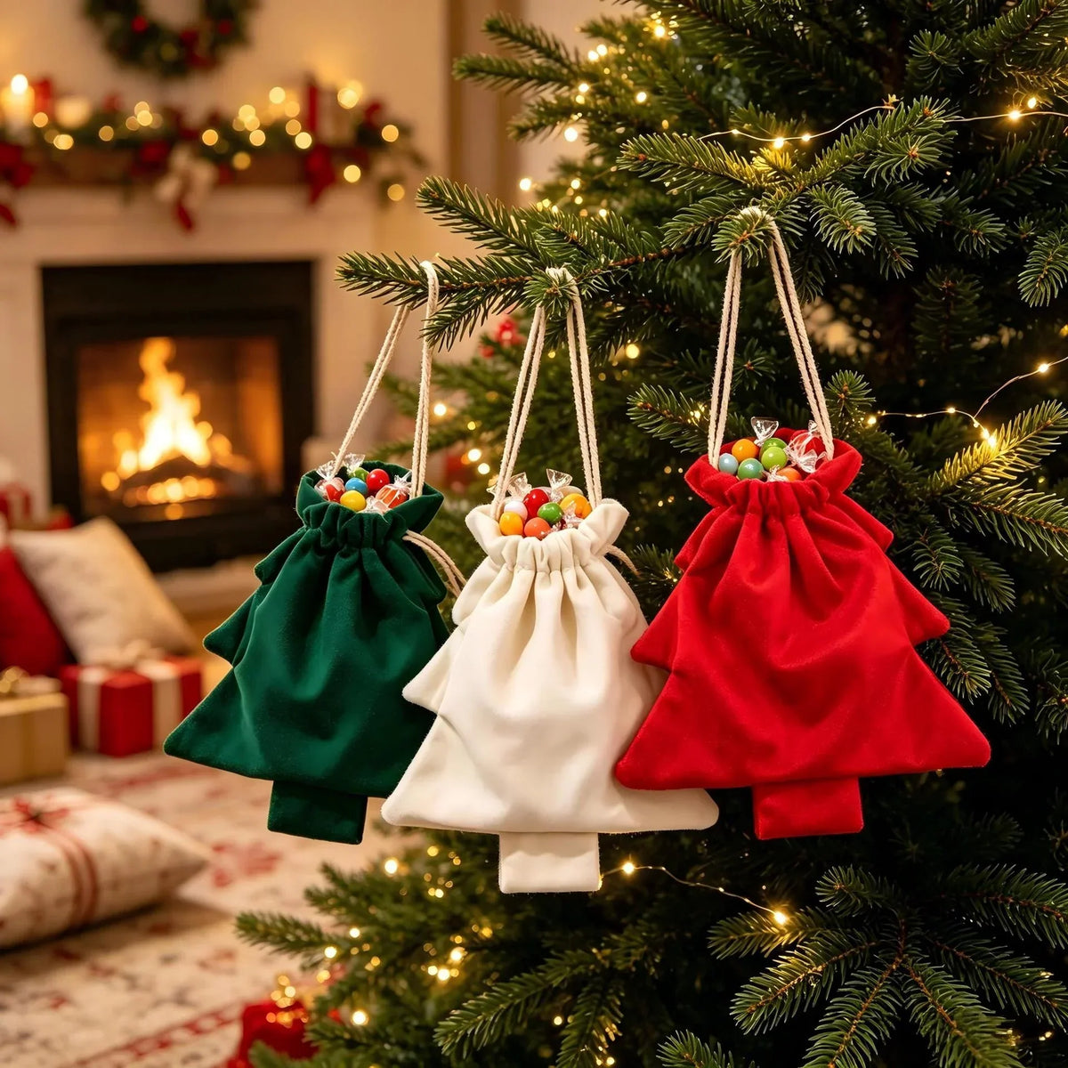 Christmas Gift Bag Tree Shape Durable Fabric Drawstring Closure