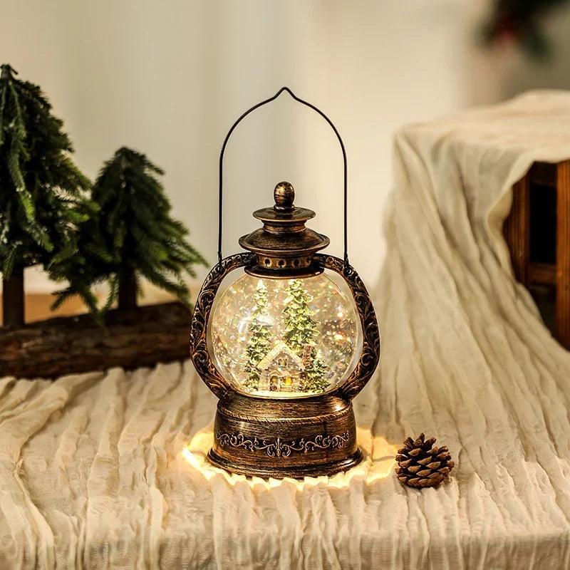Christmas Lantern Snow Globe Warm LED Metal & Glass