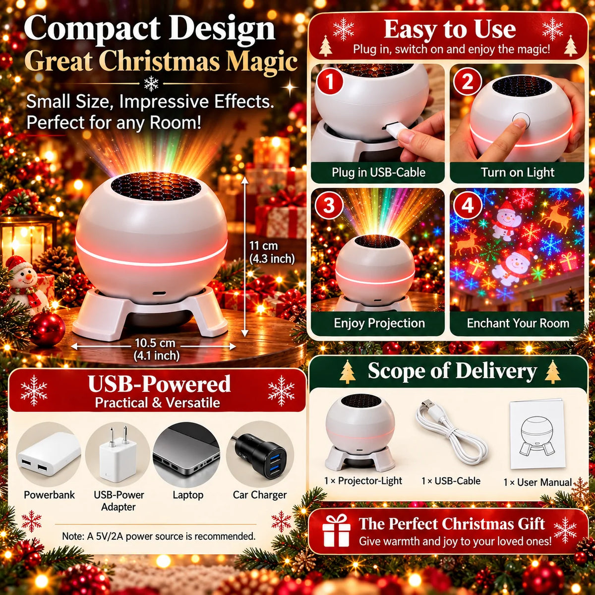Christmas Light Projector Moving Motifs USB Powered