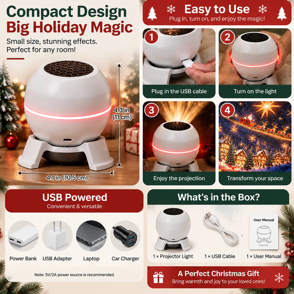 Christmas Light Projector Moving Scenes USB Powered Indoor Decor