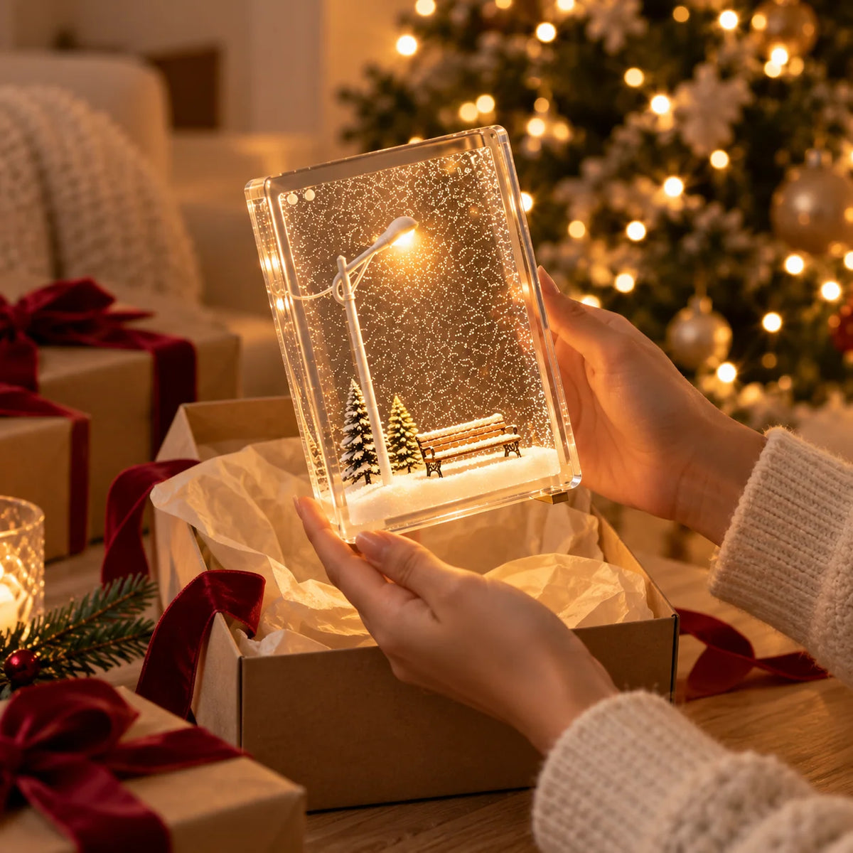 Christmas Night Light Snowy Street Scene Warm White LED Compact 6.1-Inch Tall