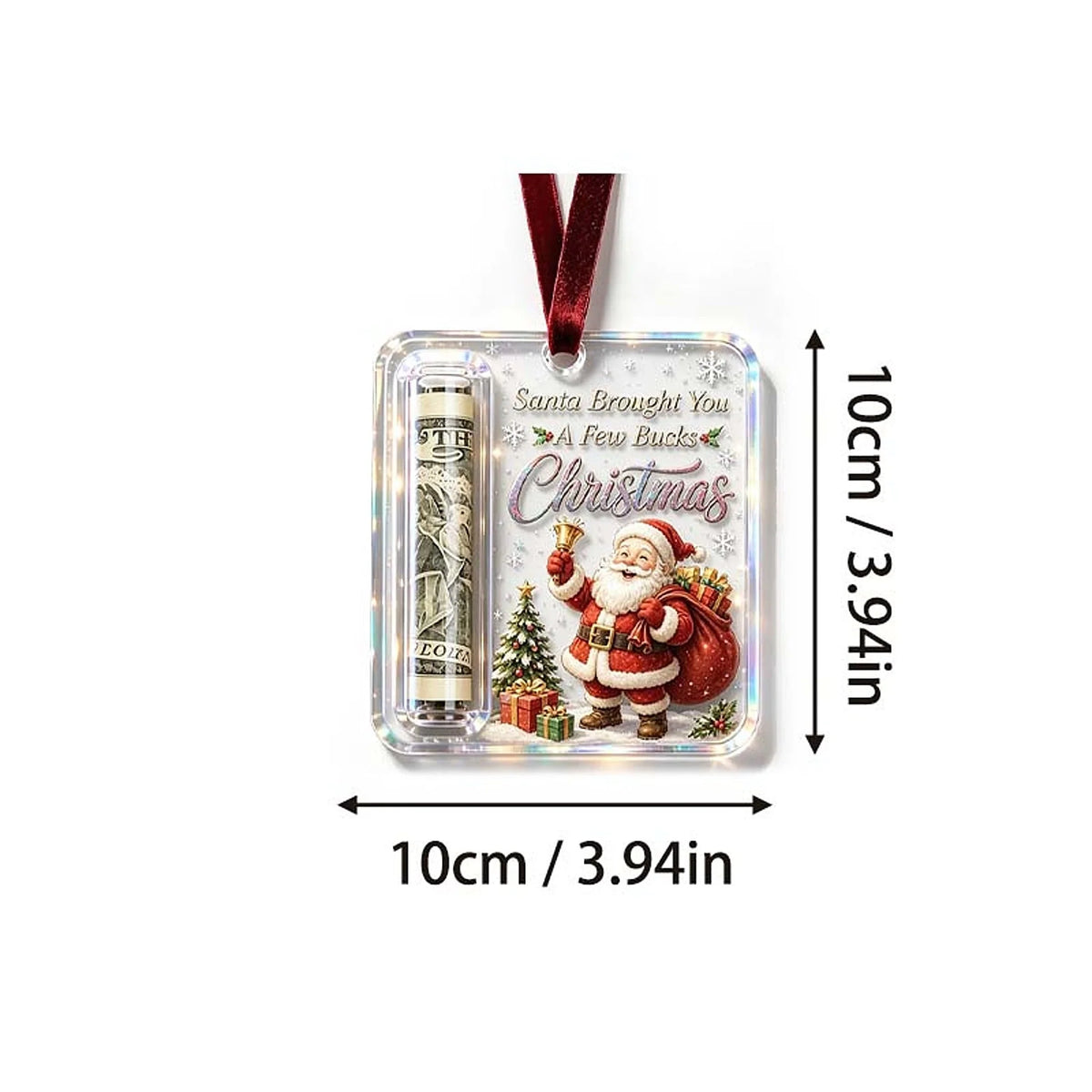 Christmas Ornament Money Holder Clear Acrylic With Ribbon