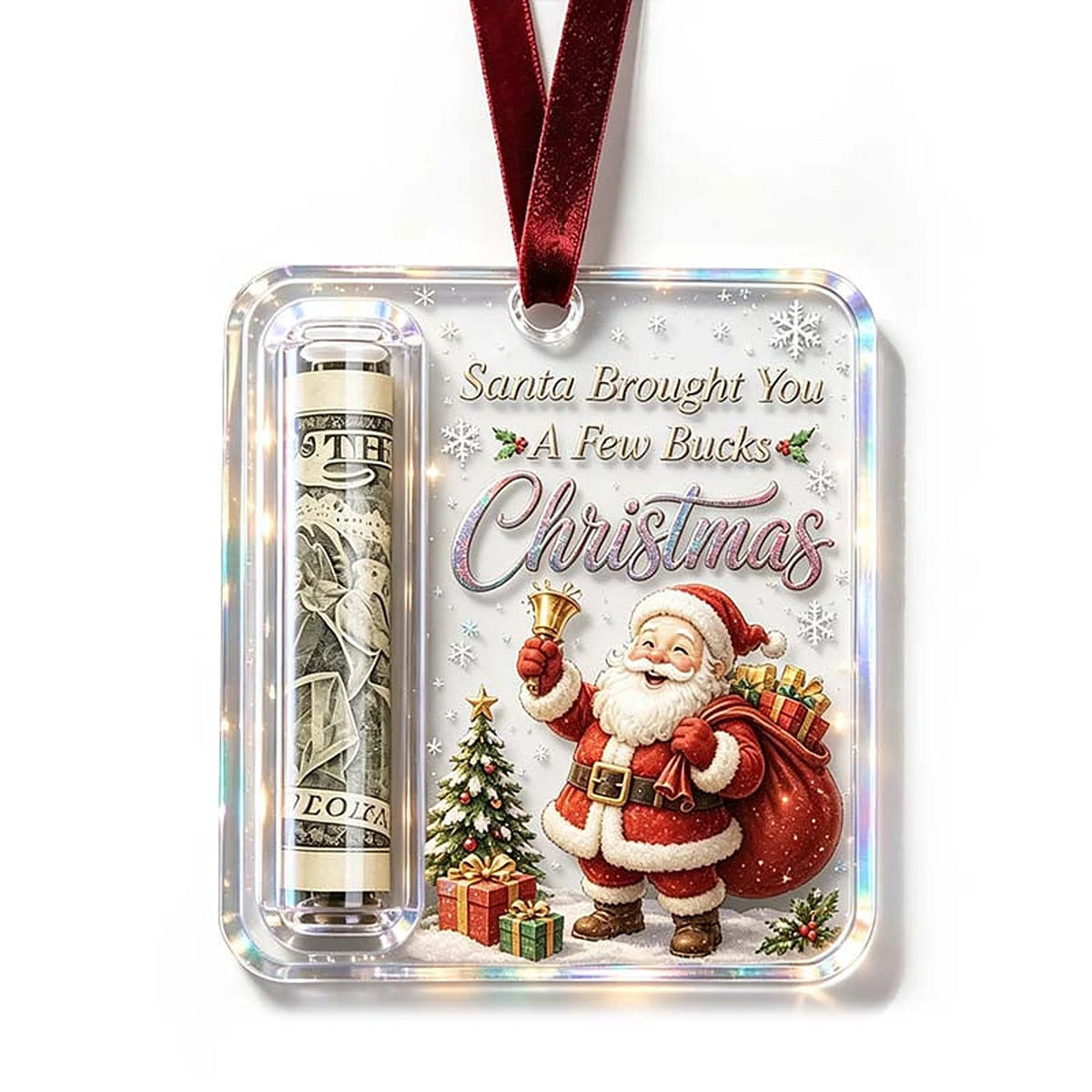 Christmas Ornament Money Holder Clear Acrylic With Ribbon