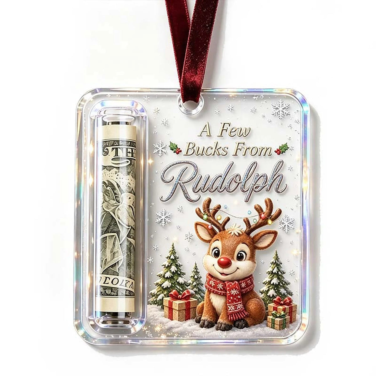 Christmas Ornament Money Holder Clear Acrylic With Ribbon