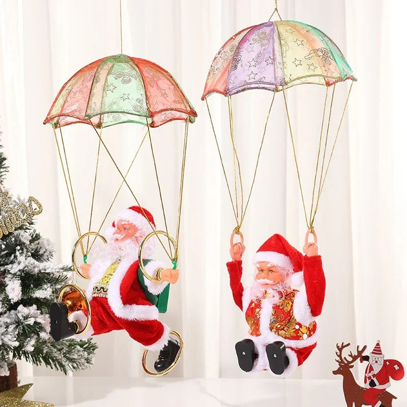 Christmas Ornament Parachuting Santa Musical Easy To Hang