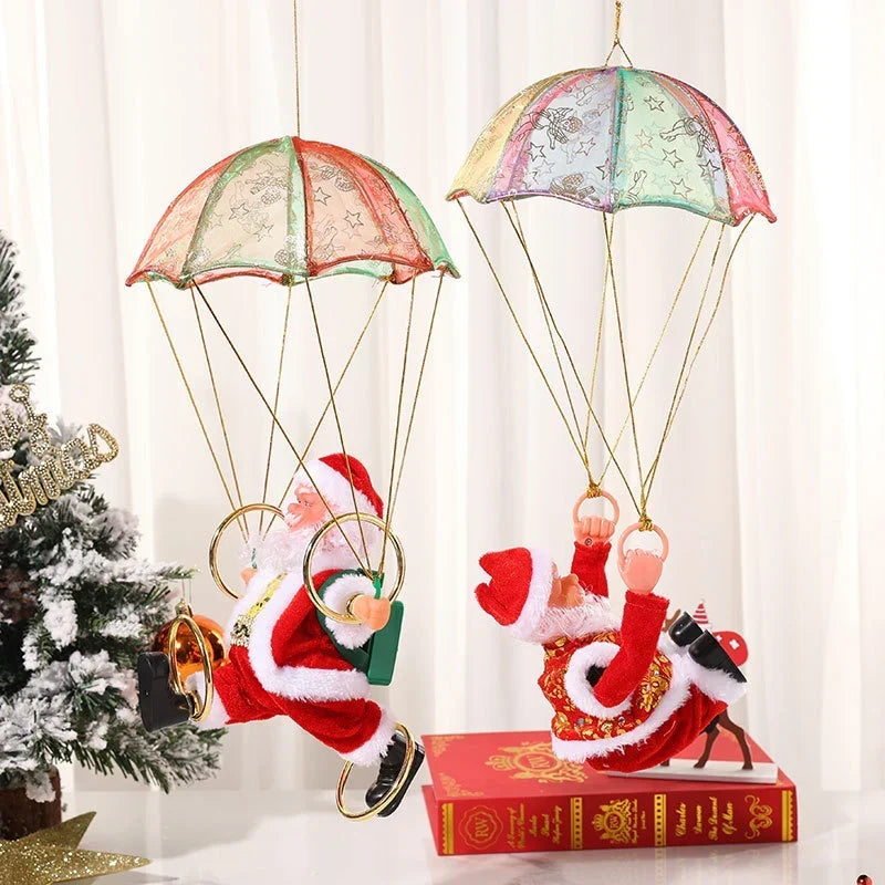 Christmas Ornament Parachuting Santa Musical Easy To Hang