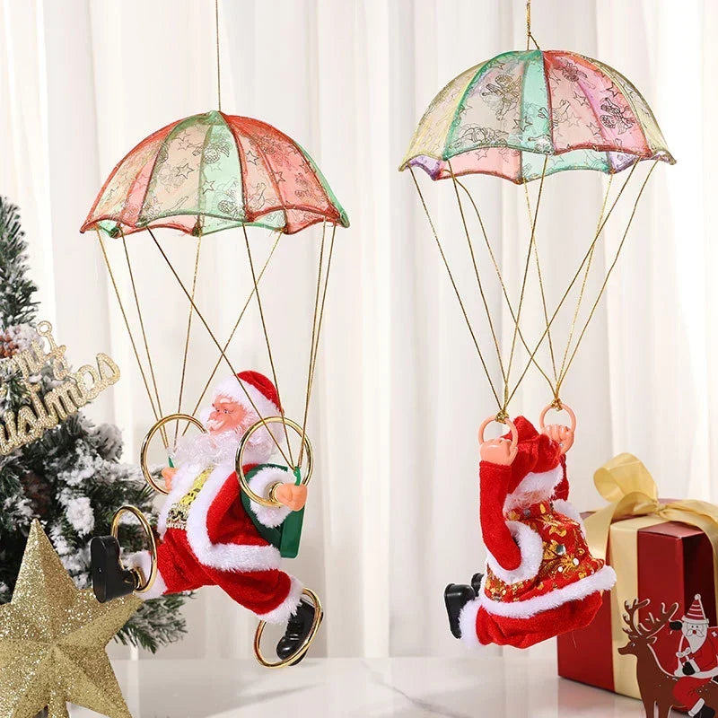 Christmas Ornament Parachuting Santa Musical Easy To Hang