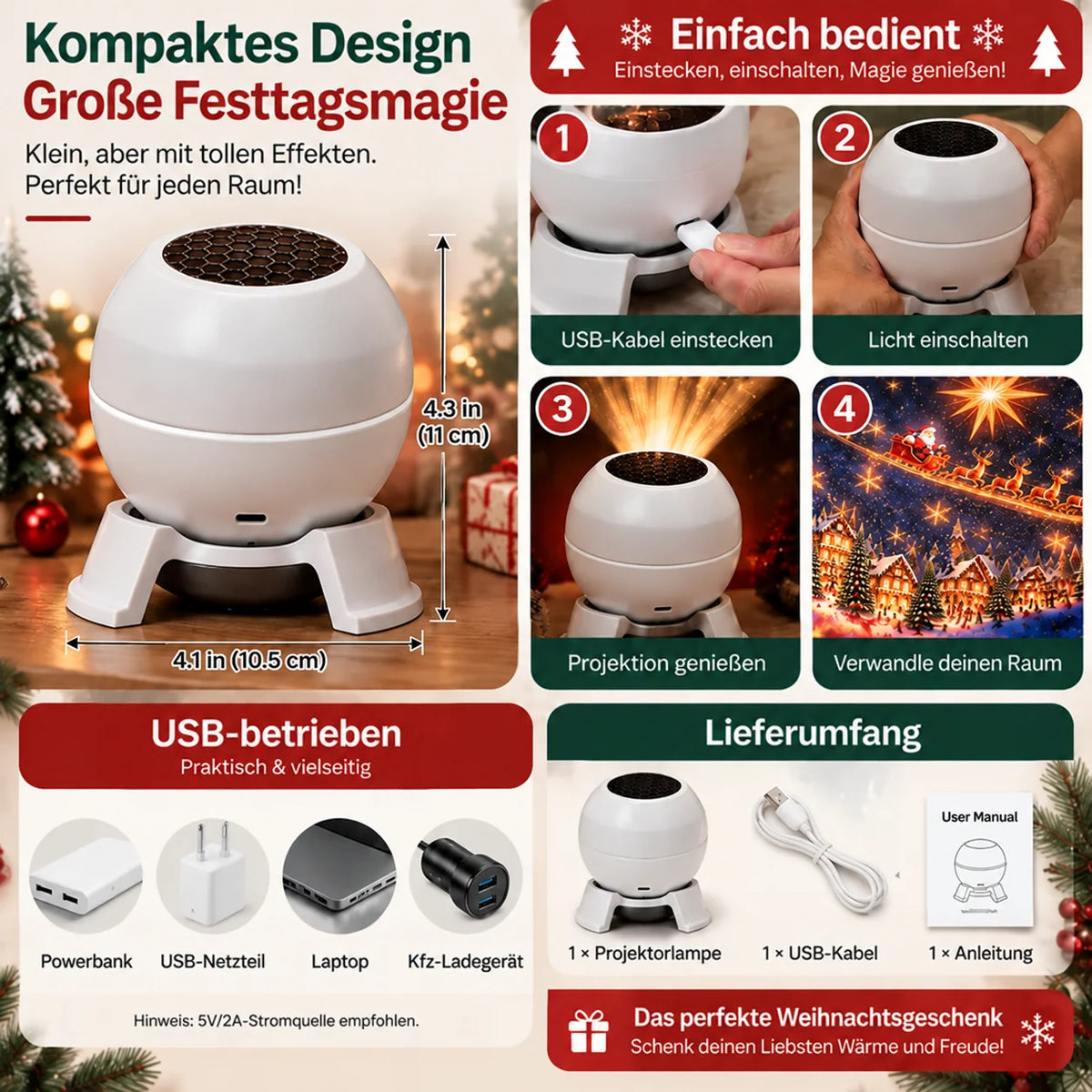 Christmas Projection Light USB-Powered Wall & Ceiling Display