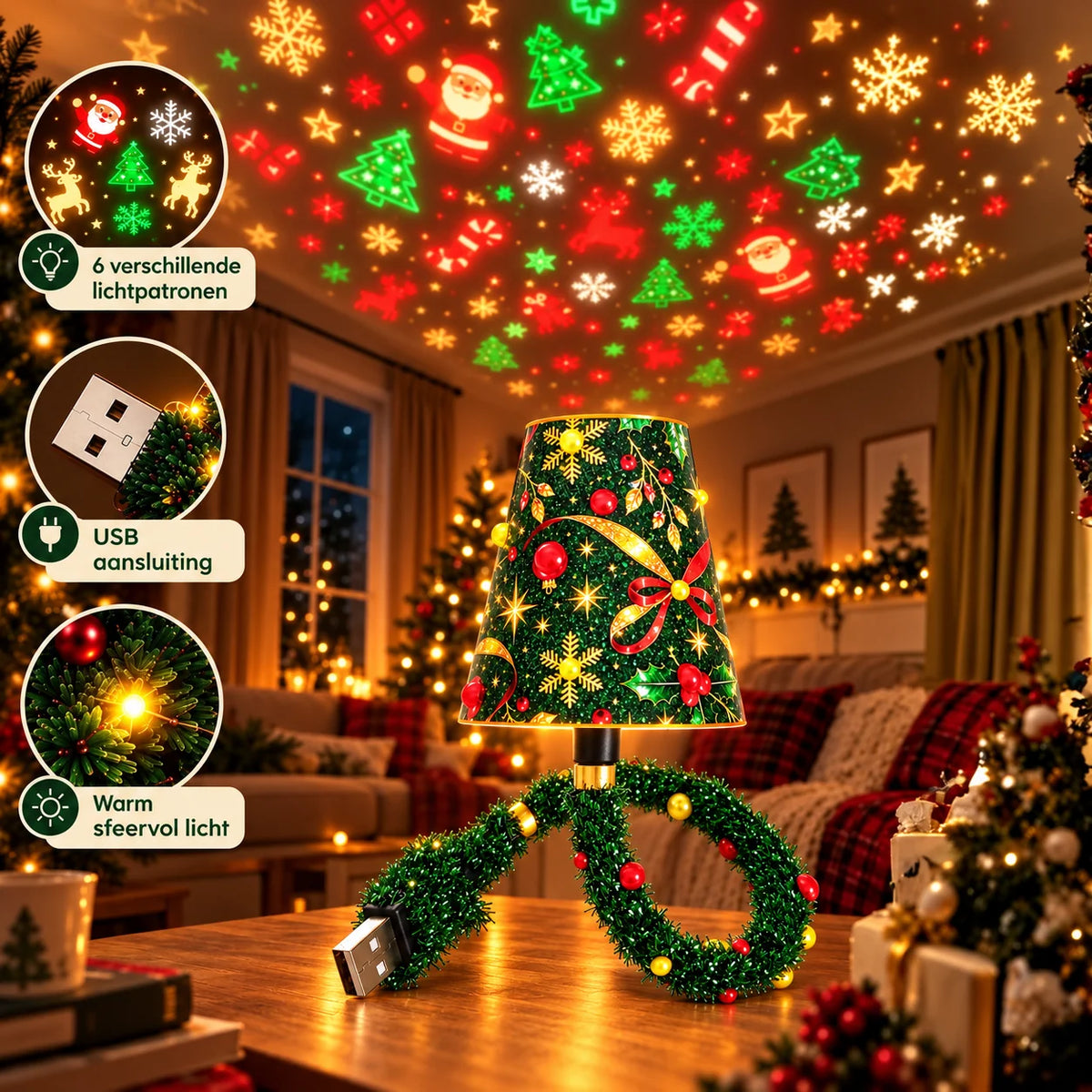 Christmas Projector Light 6 Festive Patterns USB-Powered LED