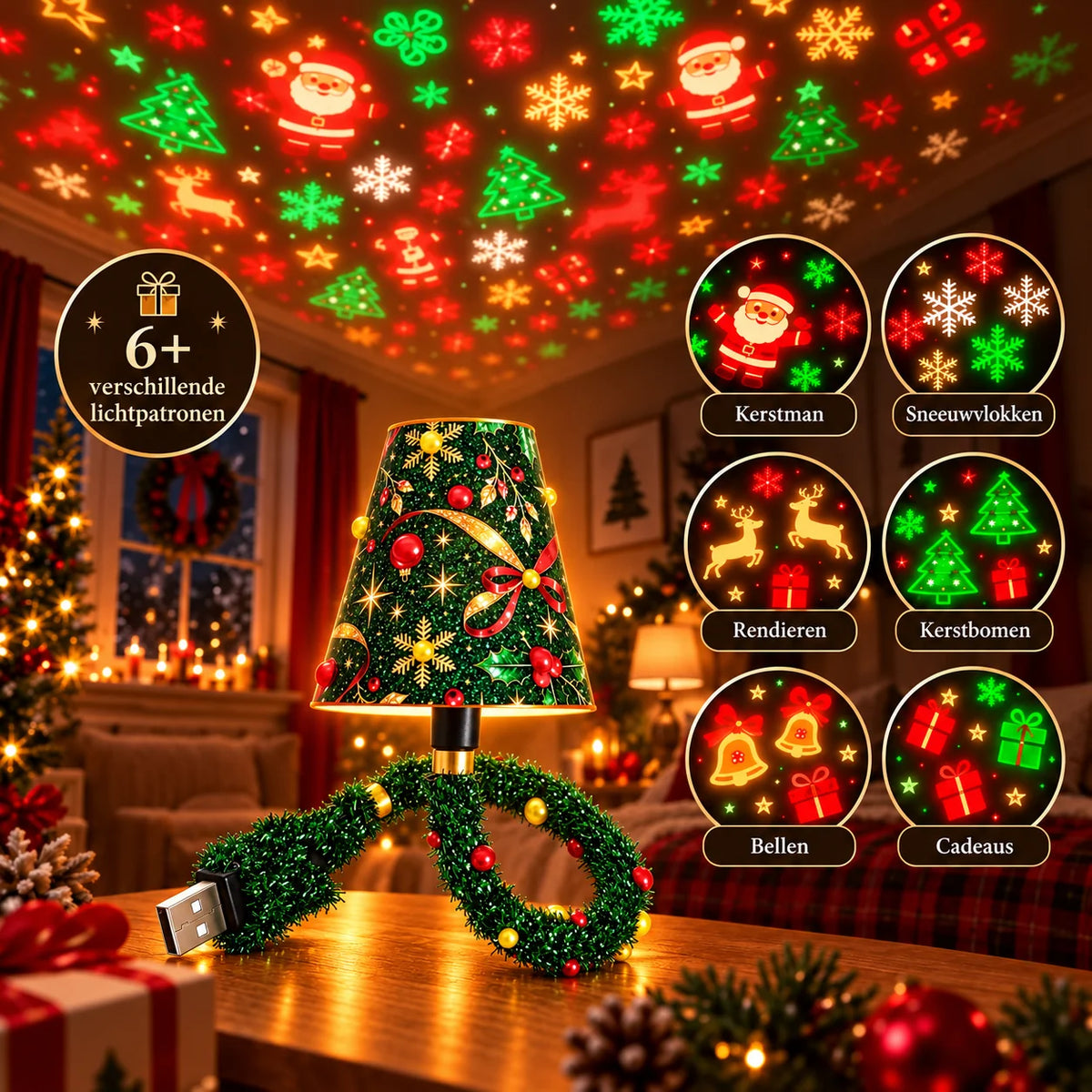 Christmas Projector Light 6 Festive Patterns USB-Powered LED
