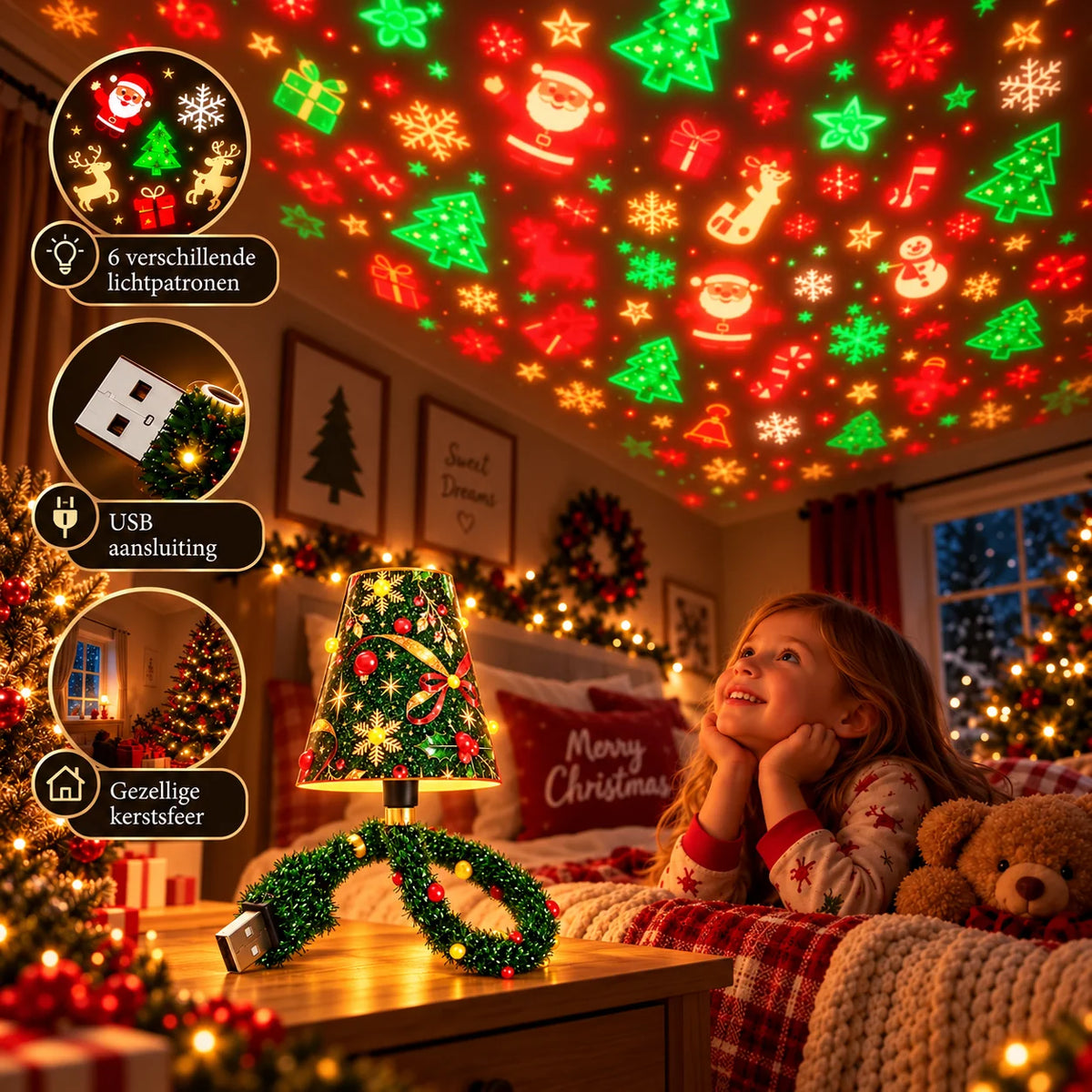 Christmas Projector Light 6 Festive Patterns USB-Powered LED