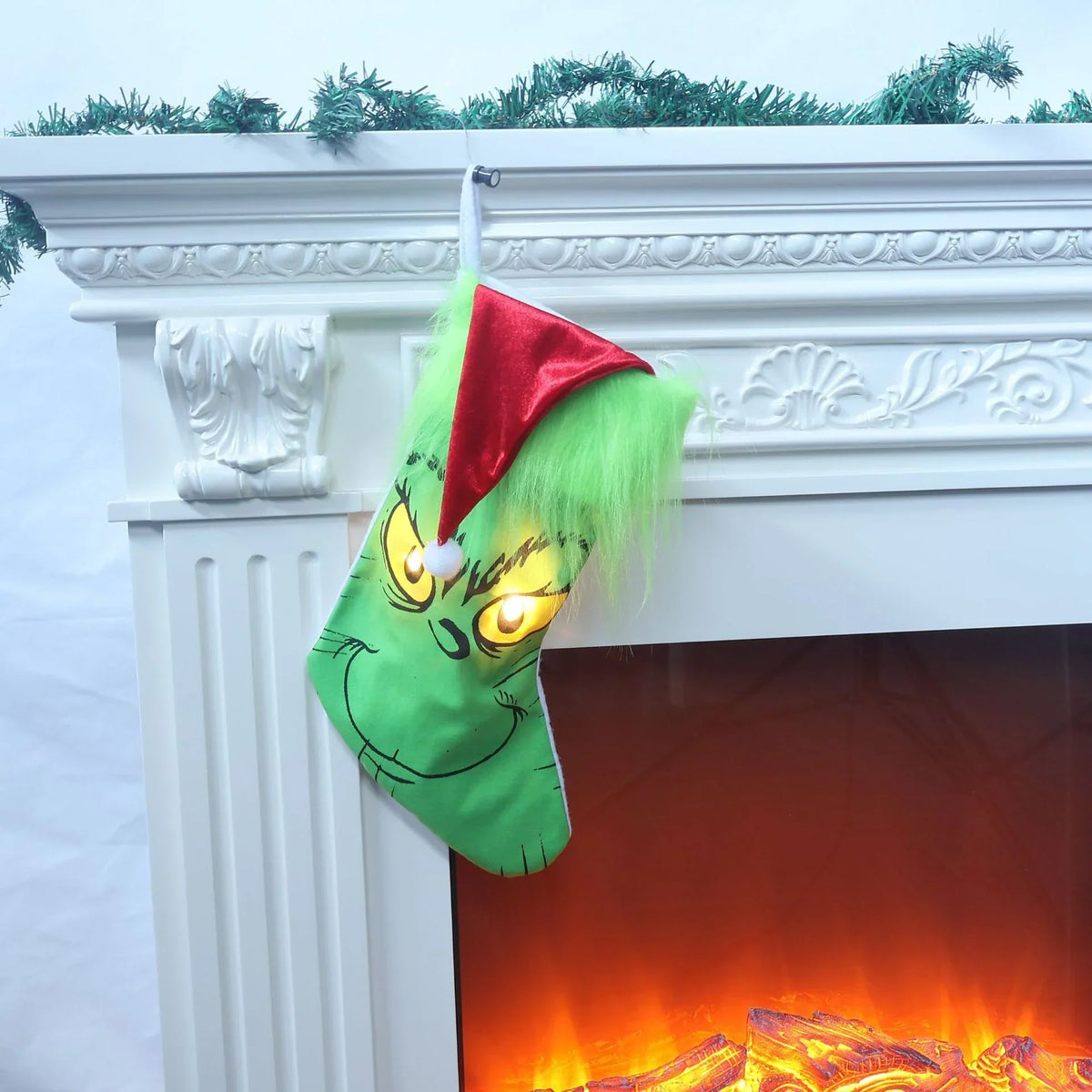 Christmas Stocking Grinch Face Fluffy Cuff Spacious Interior