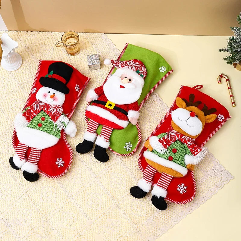 Christmas Stocking Plush Reindeer Design Spacious Gift Pocket
