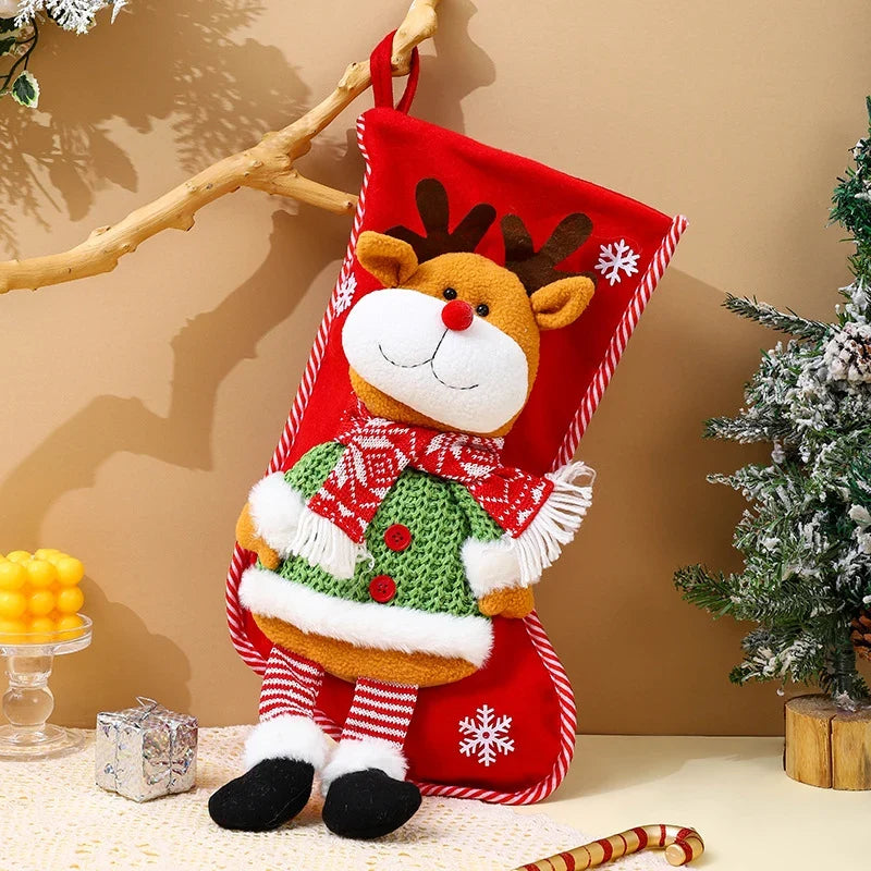 Christmas Stocking Plush Reindeer Design Spacious Gift Pocket