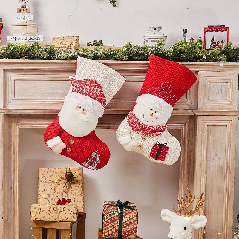 Christmas Stocking Santa Motif Plush Fabric Easy To Hang