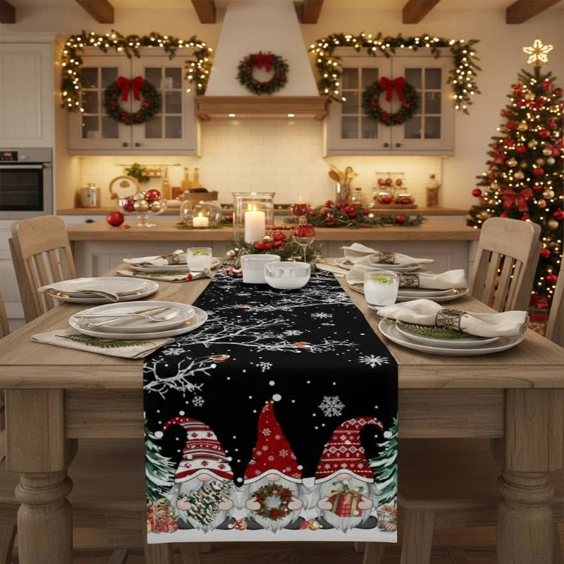 Christmas Table Runner 100% Linen Snowflake And Elf Design