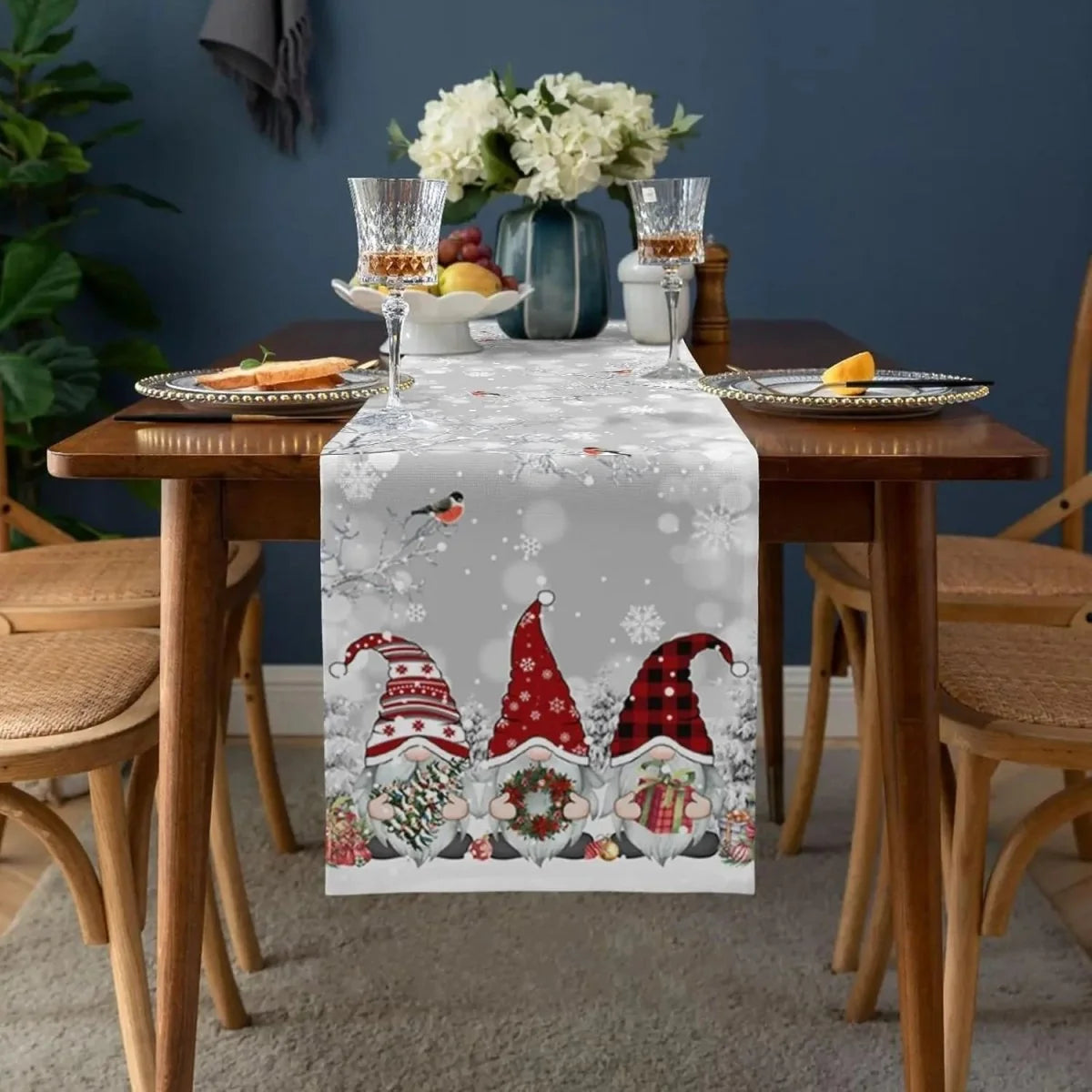 Christmas Table Runner 100% Linen Snowflake And Elf Design