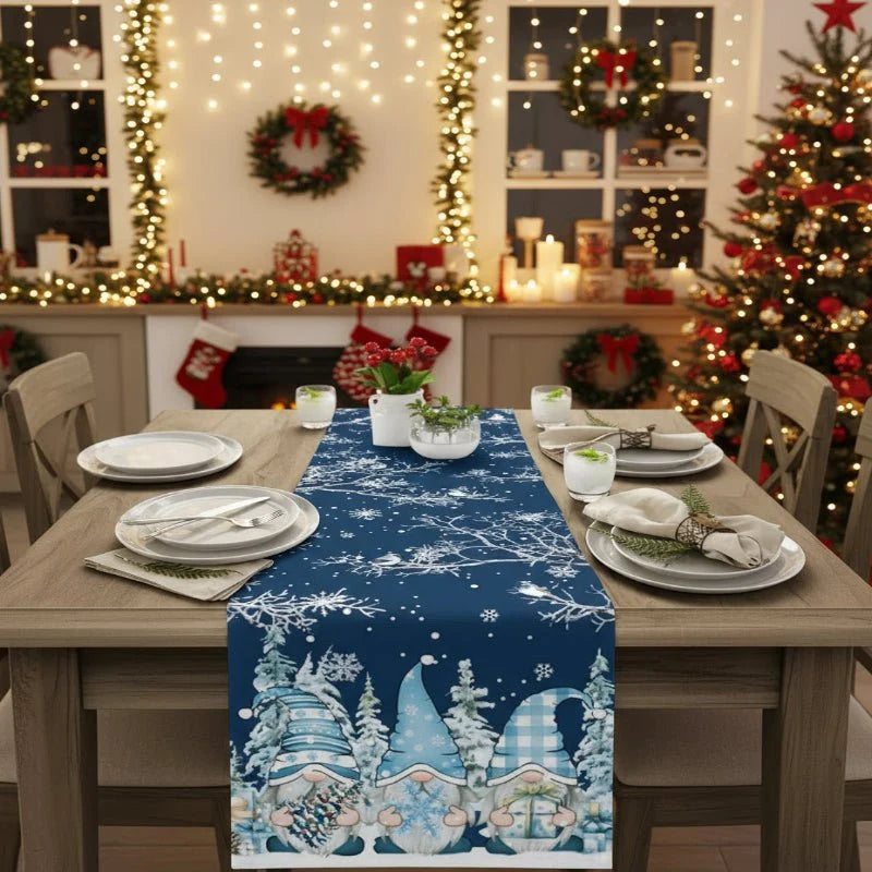 Christmas Table Runner 100% Linen Snowflake And Elf Design