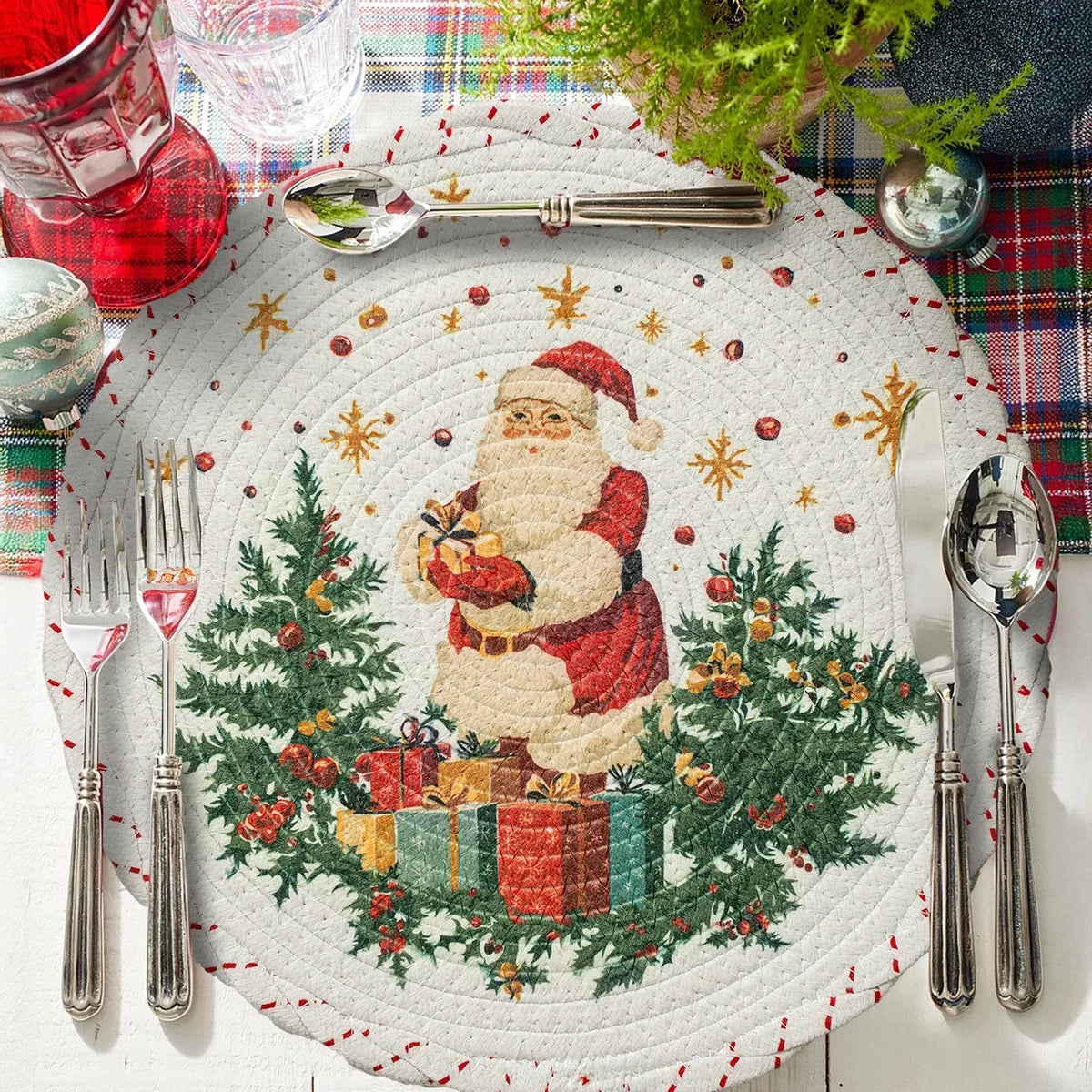 Christmas Tree Skirt Braided Cotton Quilted Hides Cords