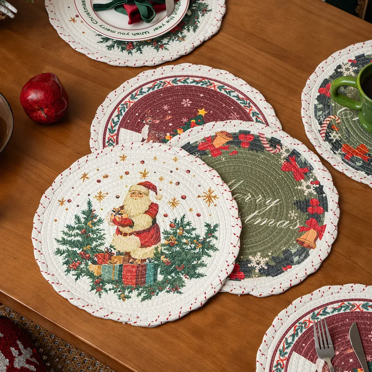 Christmas Tree Skirt Braided Cotton Quilted Hides Cords